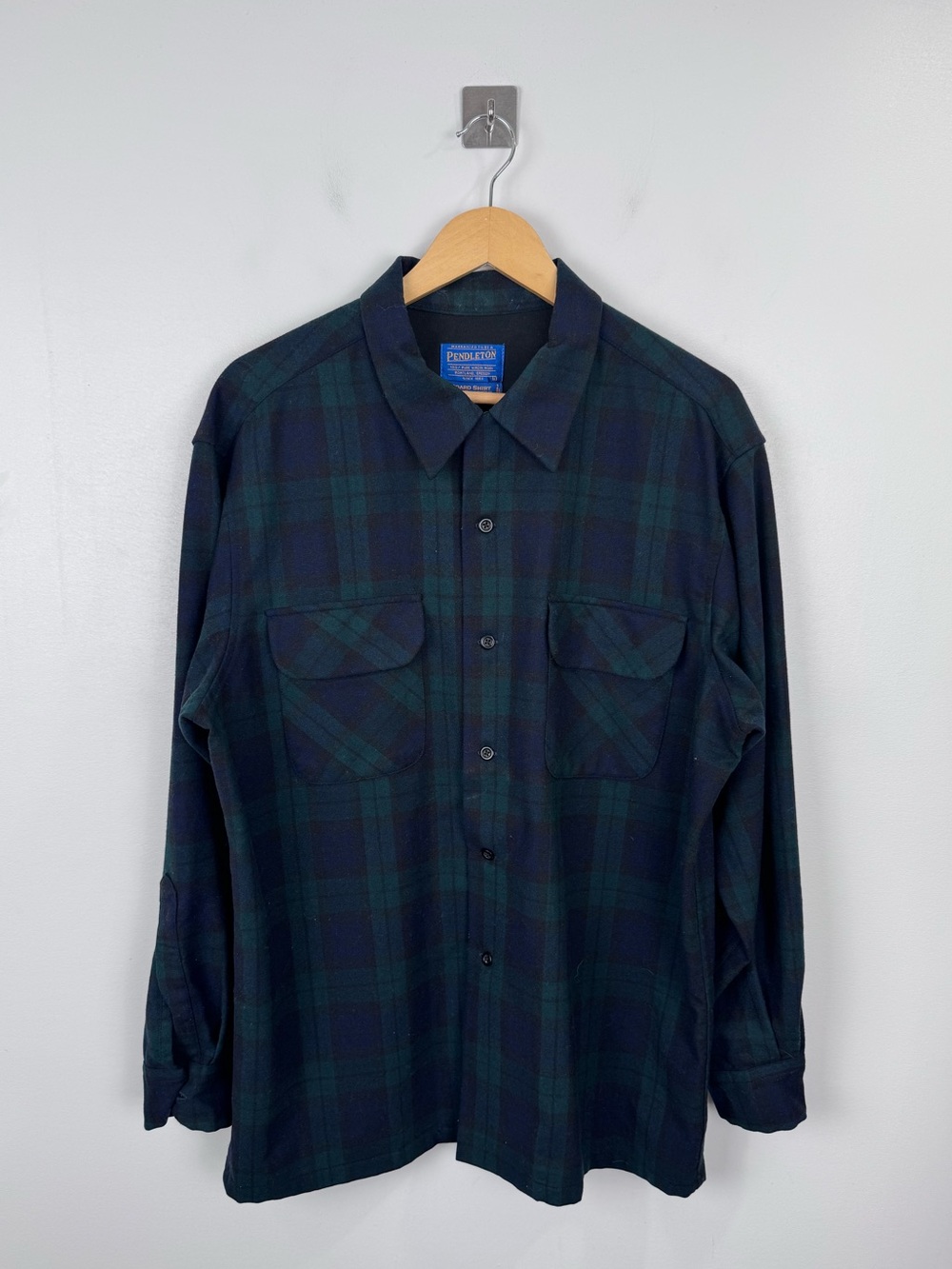 Pendleton Men Board Black Watch Tartan Loop Collar Wool Plaid Shirt Size Large